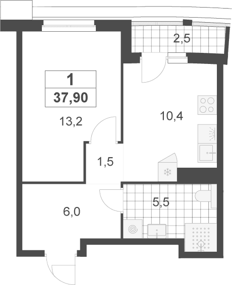 Планировка: 1-комнатная квартира 36,6 м² в ЖК «Деснаречье»
