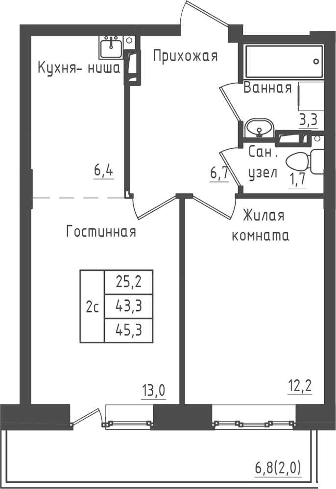 Планировка: 1-комнатная квартира 43,3 м² в ЖК «Зеленый город»