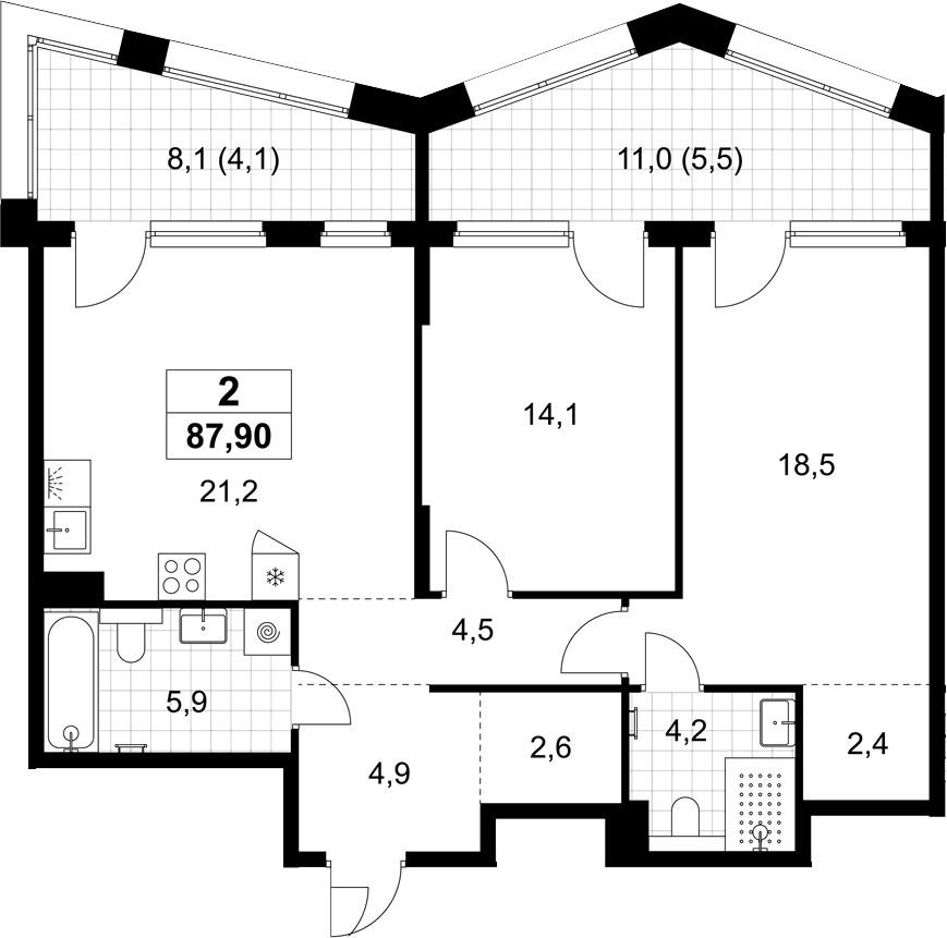 Планировка: Евротрёшка 78,3 м² в ЖК «Хольм»