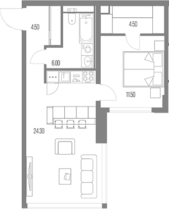 Планировка: 1-комнатная квартира 50,8 м² в ЖК «Северный Порт»