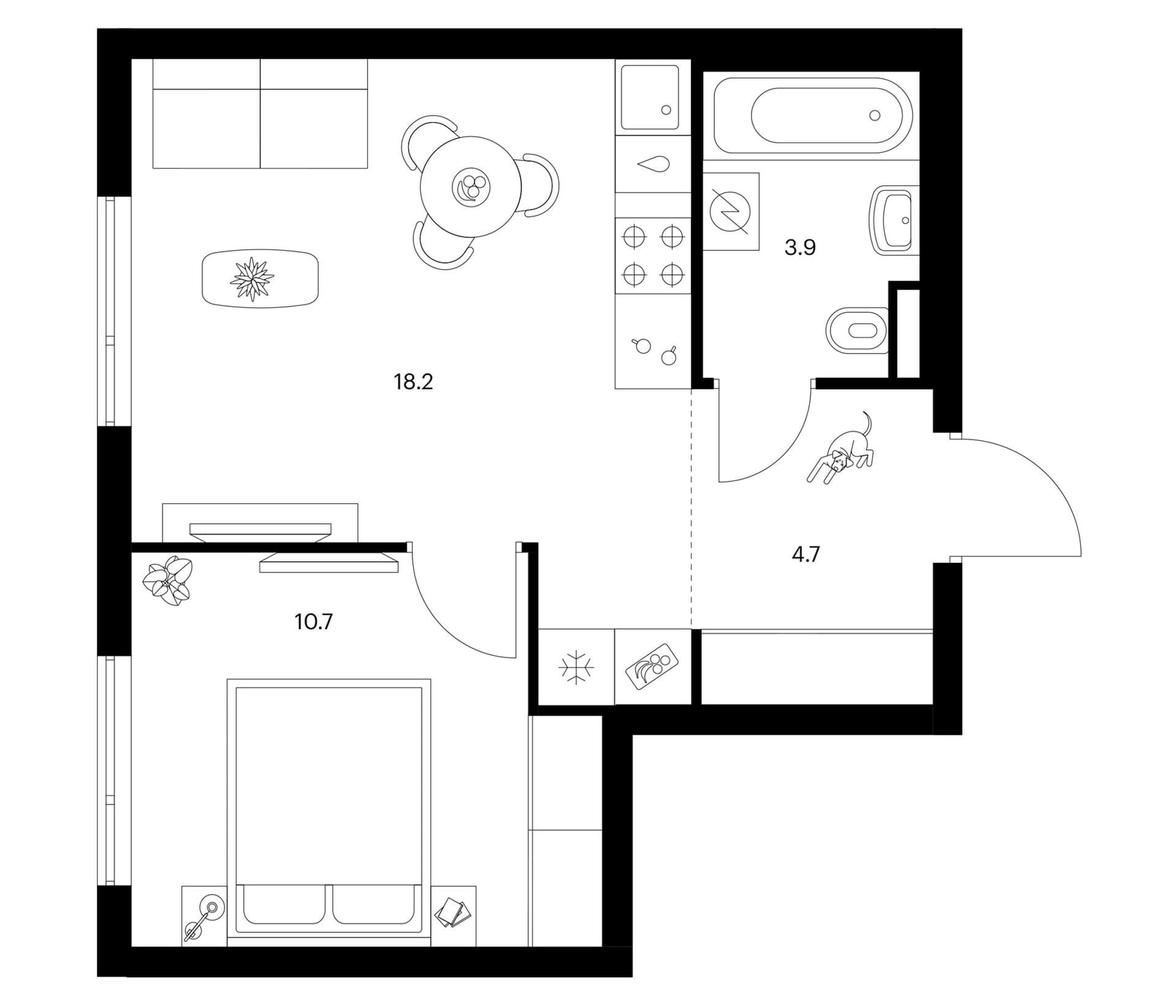 Планировка: 1-комнатная квартира 37,5 м² в ЖК «Белая Дача парк»