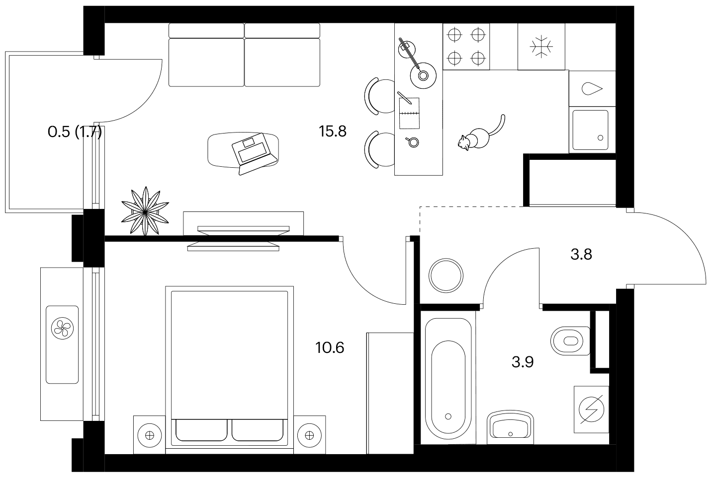 Планировка: 1-комнатная квартира 34,1 м² в ЖК «Белая Дача парк»