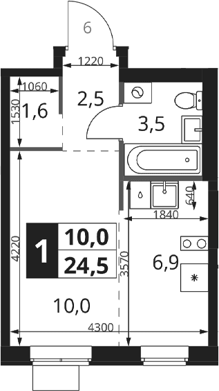 Планировка: Студия 24,5 м² в ЖК «1-й Ясеневский»