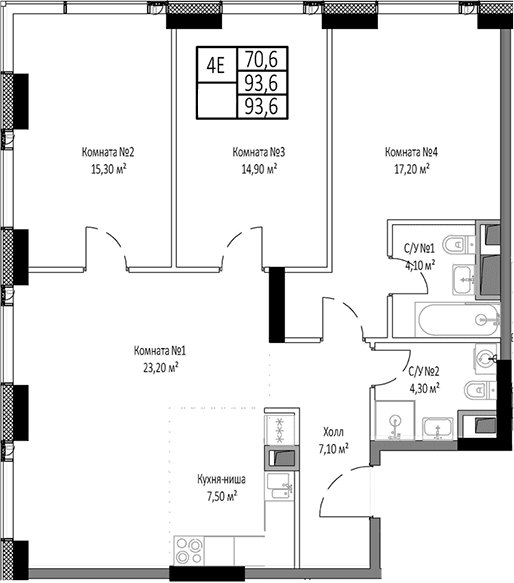 Планировка: Квартира евро-4 93,6 м² в ЖК «Мираполис»