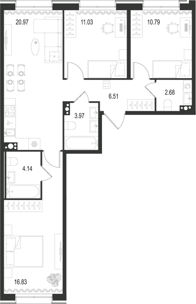 Планировка: Квартира евро-4 76,9 м² в ЖК «Остров Первых»