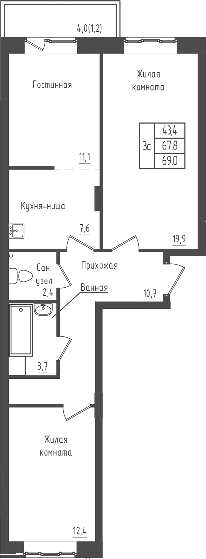 Планировка: 2-комнатная квартира 67,8 м² в ЖК «Зеленый город»