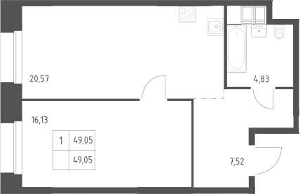 Планировка: 1-комнатная квартира 49,1 м² в ЖК «Тропарево Парк»