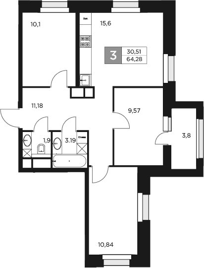 Планировка: Квартира евро-4 62,4 м² в ЖК «Восток 2»