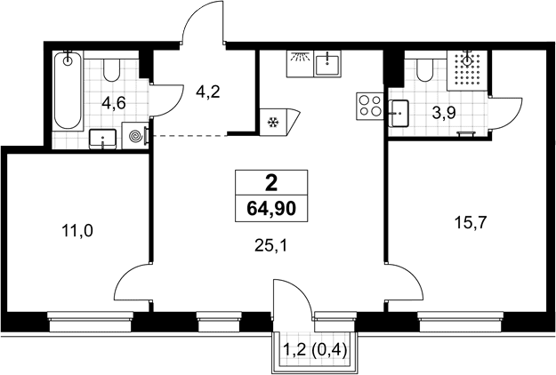 Планировка: Евротрёшка 64,5 м² в ЖК «Хольм»