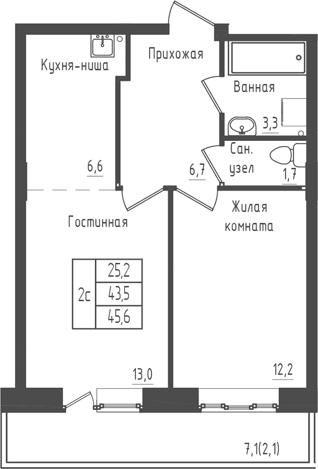 Планировка: 1-комнатная квартира 43,5 м² в ЖК «Зеленый город»