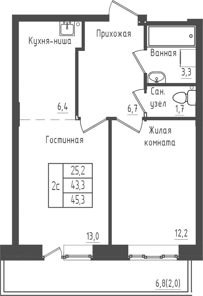 Планировка: 1-комнатная квартира 43,3 м² в ЖК «Зеленый город»