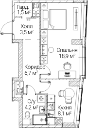Планировка: 1-комнатная квартира 42,9 м² в ЖК «СЕЗАР БУДУЩЕЕ»