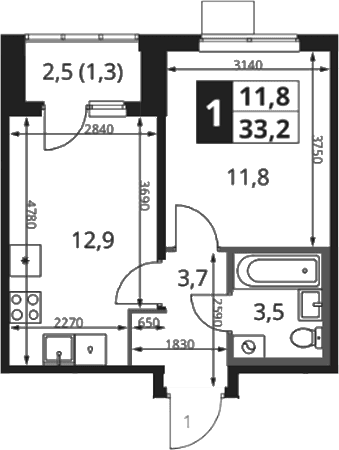 Планировка: 1-комнатная квартира 32,5 м² в ЖК «1-й Ясеневский»