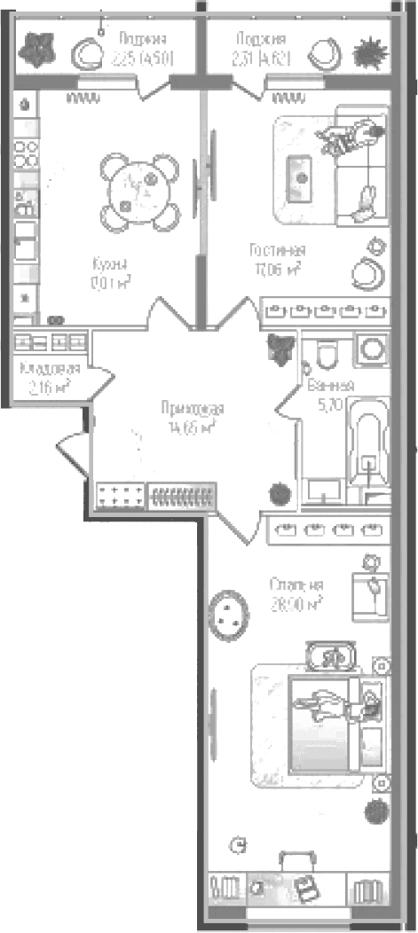 Планировка: 2-комнатная квартира 85,5 м² в ЖК «Рига Хиллс»