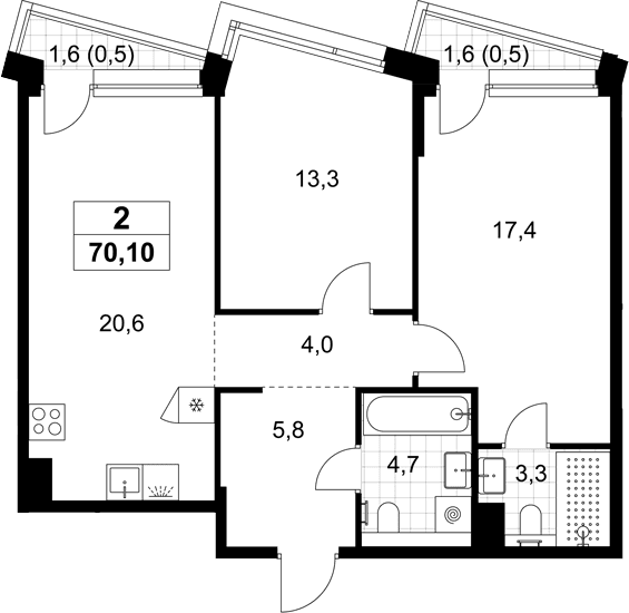 Планировка: Евротрёшка 69,1 м² в ЖК «Хольм»
