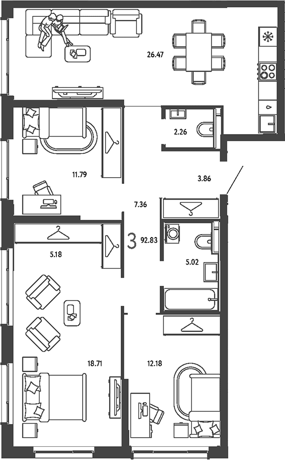 Планировка: 3-комнатная квартира 92,8 м² в ЖК «Страна.Парковая»