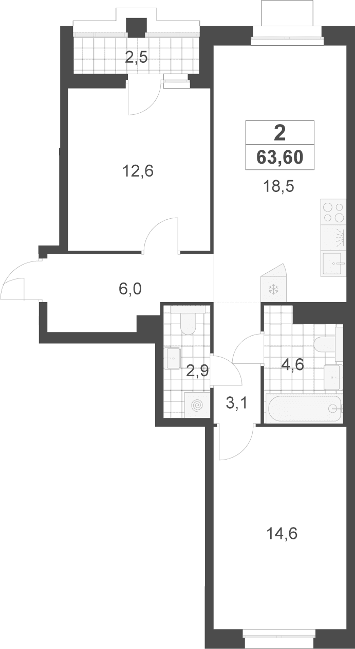 Планировка: Евротрёшка 62,4 м² в ЖК «Деснаречье»