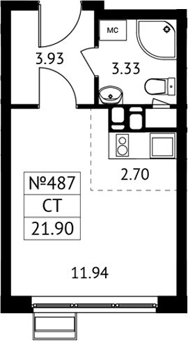Планировка: Студия 21,9 м² в ЖК «Новотомилино»
