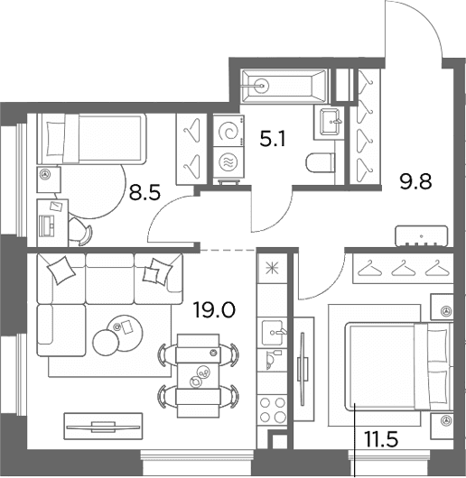 Планировка: 2-комнатная квартира 53,9 м² в ЖК «Станиславский»