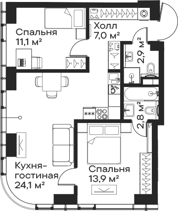 Планировка: Евротрёшка 61,8 м² в ЖК «Сити Бэй»