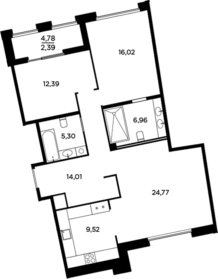 Планировка: 3-комнатная квартира 89 м² в ЖК «Акватория»