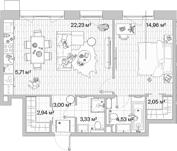 Планировка: Евродвушка 58,8 м² в ЖК «МЫС»