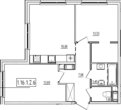 Планировка: Евротрёшка 57,3 м² в ЖК «Новый Ямбург»