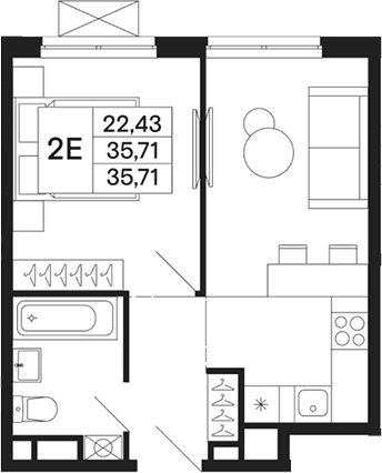 Планировка: Евродвушка 35,7 м² в ЖК «Базаева 11»