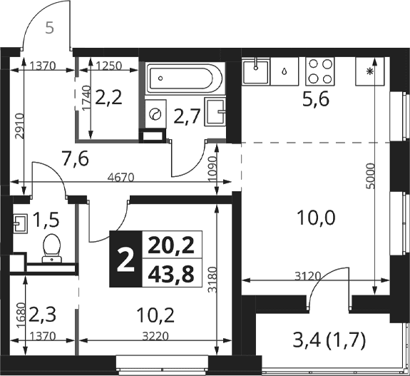 Планировка: Евродвушка 42,1 м² в ЖК «1-й Ясеневский»