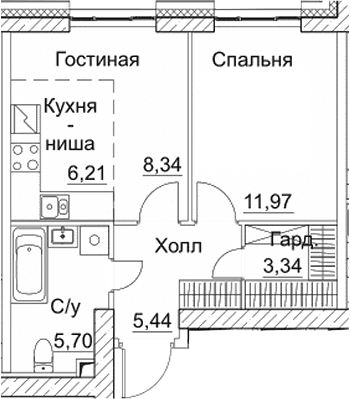 Планировка: 1-комнатная квартира 41 м² в ЖК «СЕЗАР СИТИ»