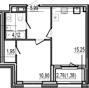 Планировка: 1-комнатная квартира 38,1 м² в ЖК «Оптимист»