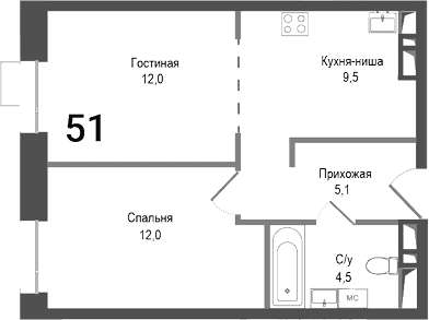 Планировка: Евродвушка 43,1 м² в ЖК «Киноквартал»