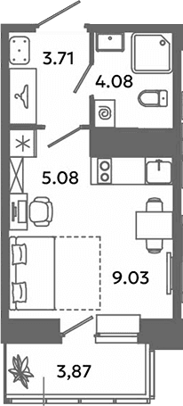 Планировка: Студия 21,9 м² в ЖК «Загляденье»