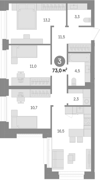 Планировка: 3-комнатная квартира 73 м² в ЖК «Квартал Издание»