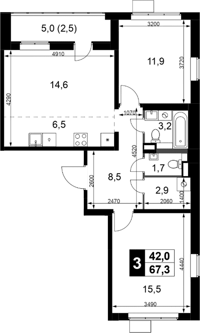 Планировка: Евротрёшка 64,8 м² в ЖК «1-й Химкинский»