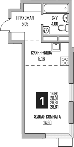 Планировка: Студия 28,8 м² в ЖК «Гранель Мытищи»