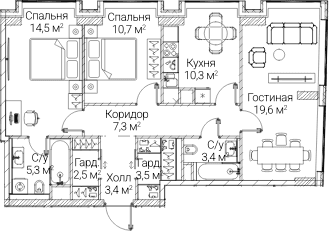 Планировка: 3-комнатная квартира 80,4 м² в ЖК «СЕЗАР БУДУЩЕЕ»