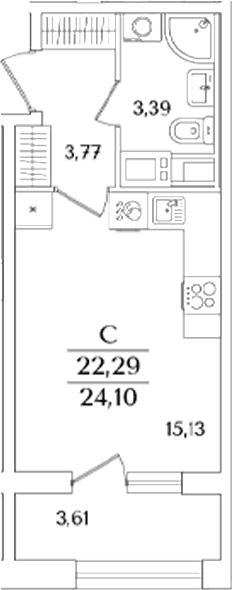 Планировка: Студия 22,3 м² в ЖК «Аурум»