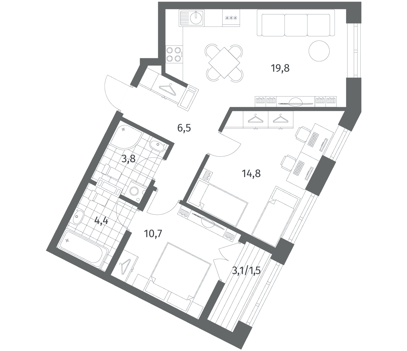 Планировка: Евротрёшка 60,2 м² в ЖК «Новый Питер»