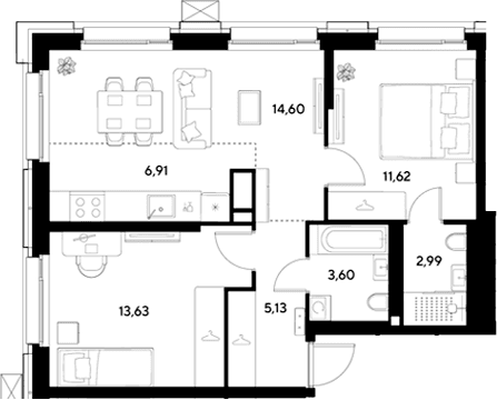 Планировка: Евротрёшка 58,5 м² в ЖК «ЭВО»