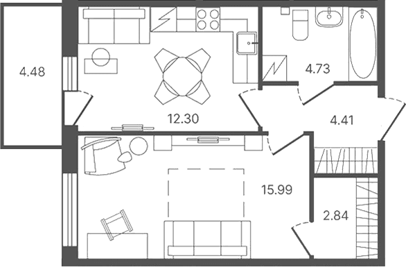 Планировка: 1-комнатная квартира 40,2 м² в ЖК «Рауни»