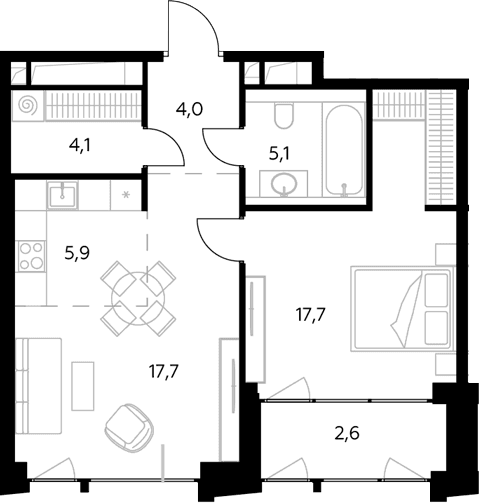 Планировка: Евродвушка 54,5 м² в ЖК «Монблан»