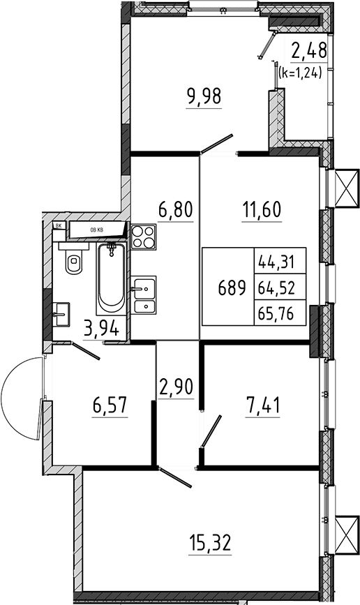 Планировка: Квартира евро-4 64,5 м² в ЖК «Поварово-Молодежный-2»