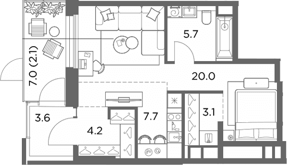 Планировка: Студия 44,3 м² в ЖК «Станиславский»