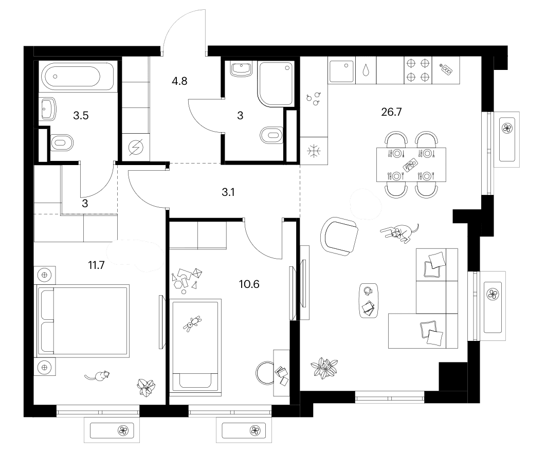 Планировка: 2-комнатная квартира 66,4 м² в ЖК «Ярославский»