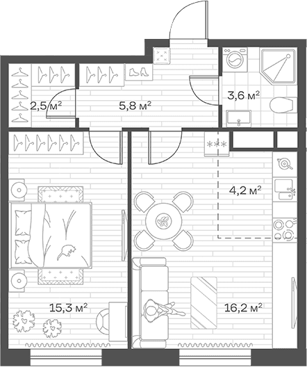Планировка: Евродвушка 47,6 м² в ЖК «Аристов Берег»