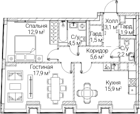 Планировка: 2-комнатная квартира 65,7 м² в ЖК «СЕЗАР БУДУЩЕЕ»