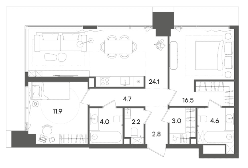 Планировка: Евротрёшка 73,8 м² в ЖК «СТОУН Грэйн»