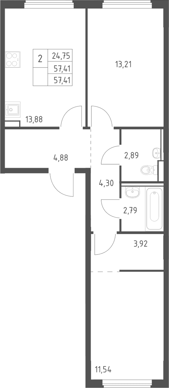 Планировка: 2-комнатная квартира 57,4 м² в ЖК «Егорово парк»