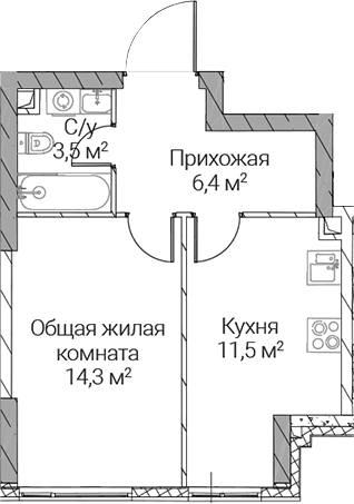 Планировка: 1-комнатная квартира 35,7 м² в ЖК «СЕЗАР СИЛИКА»